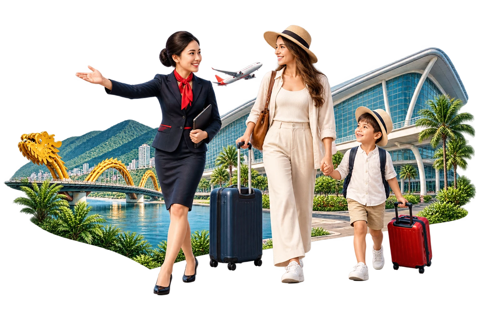 Illustration of a family with an airport representative, with Da Nang Dragon Bridge and coastal hills