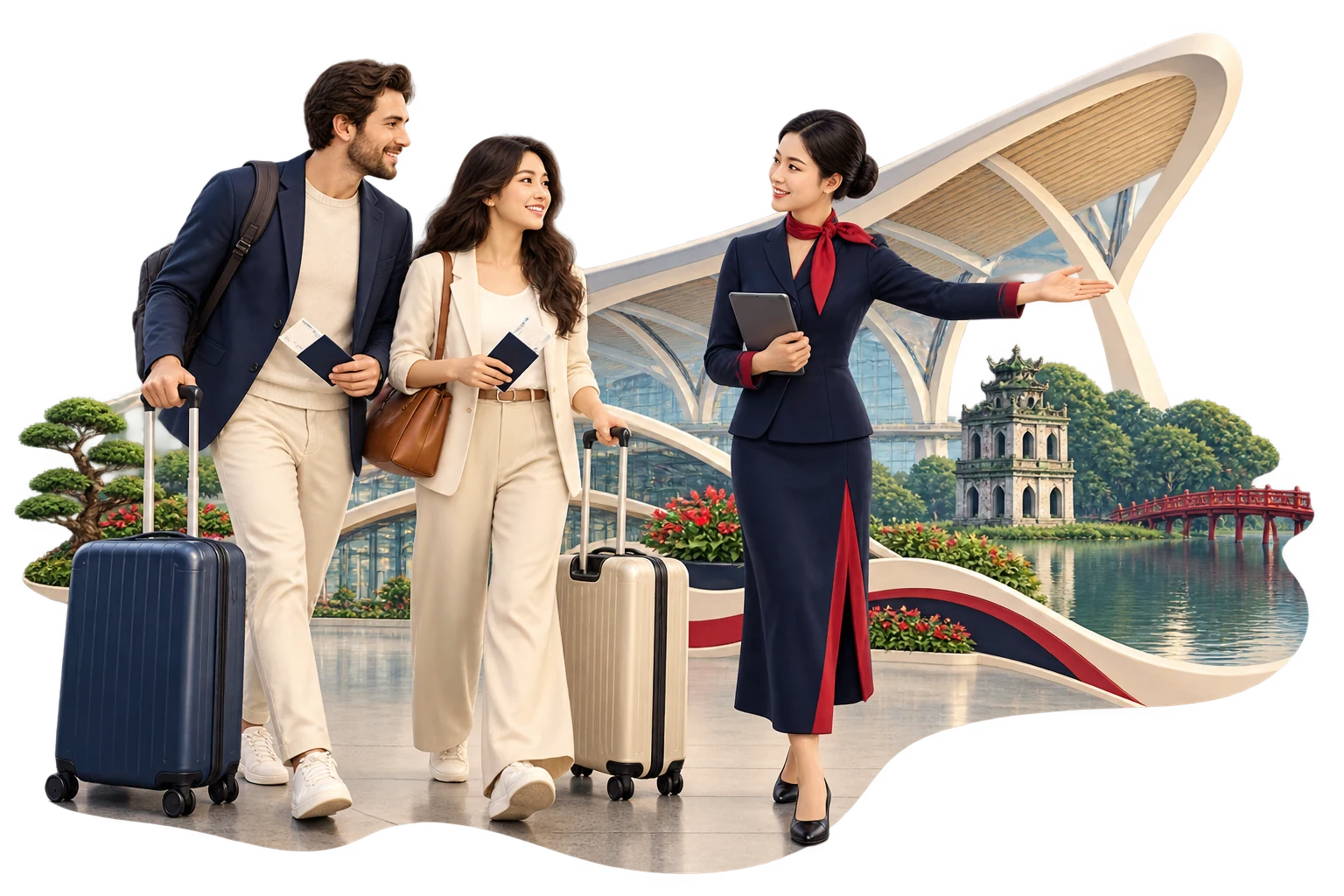Illustration of a couple meeting an airport representative, with Hanoi landmarks