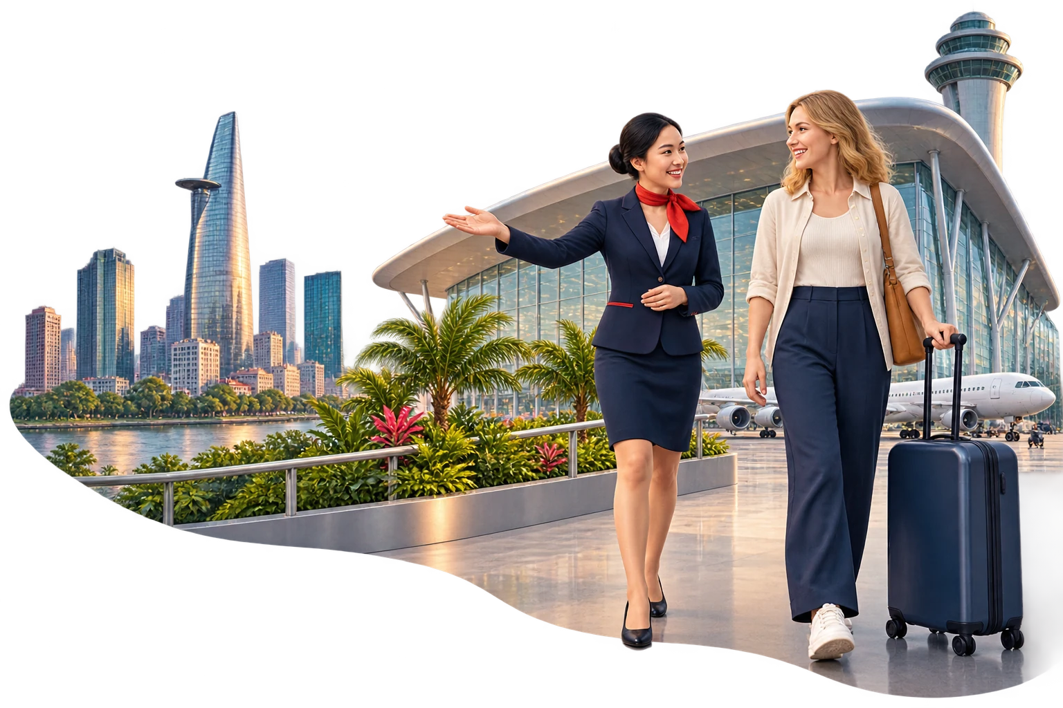 Illustration of an airport representative welcoming a traveller, with Ho Chi Minh City landmarks