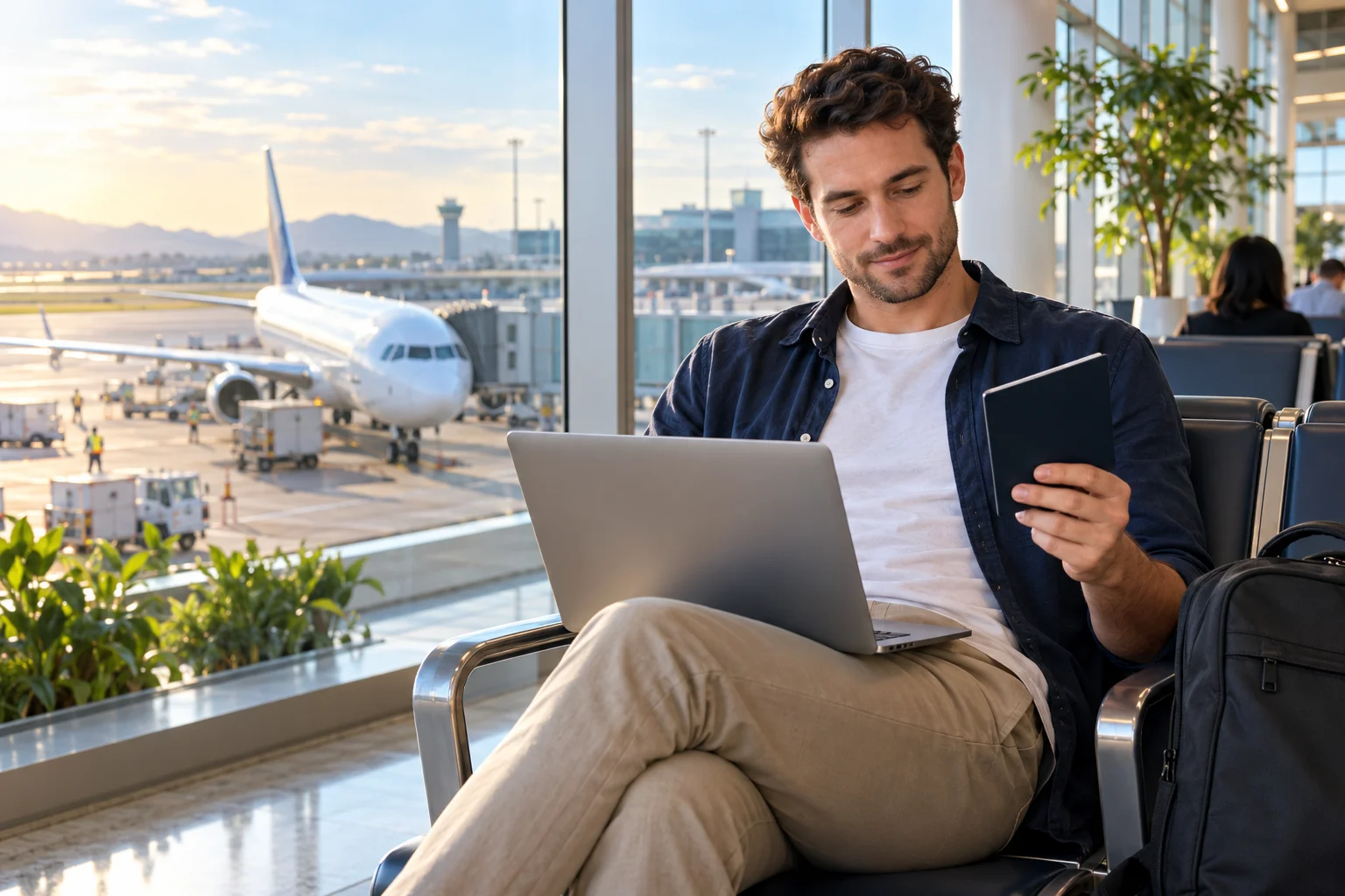 Traveller checking documents before departure