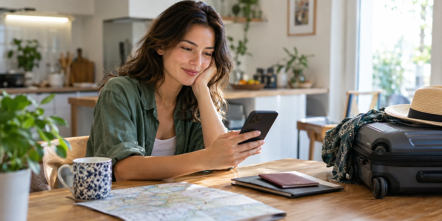 Traveller checking a phone while preparing passport and luggage for an upcoming trip