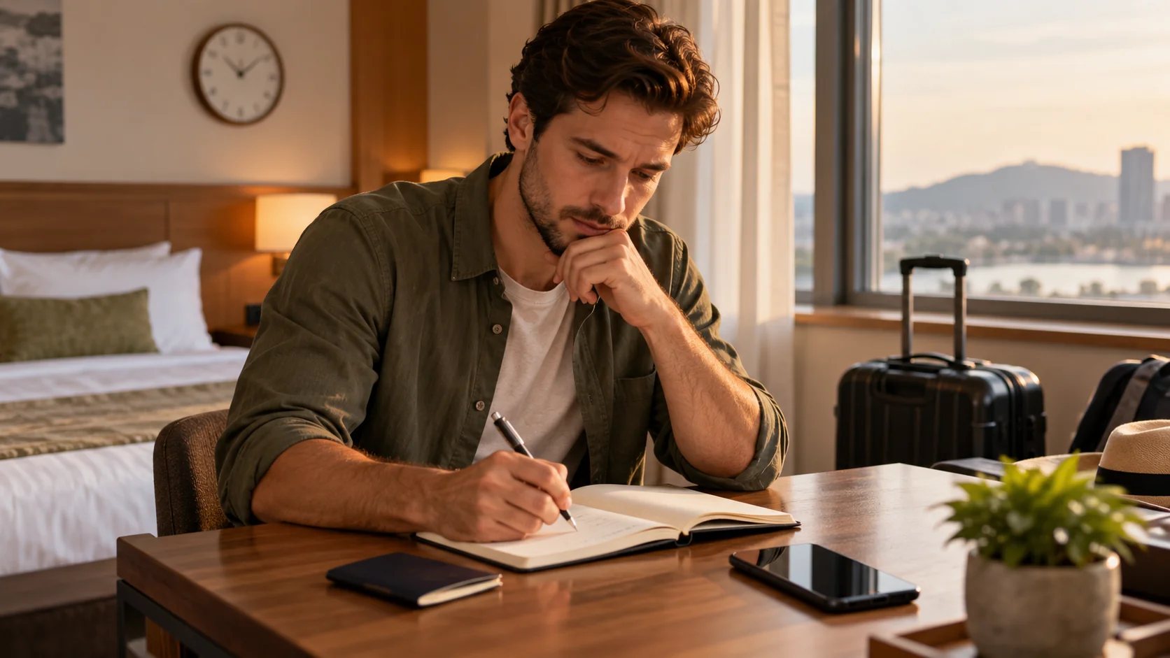 Traveller reviewing travel dates beside a passport while preparing for departure