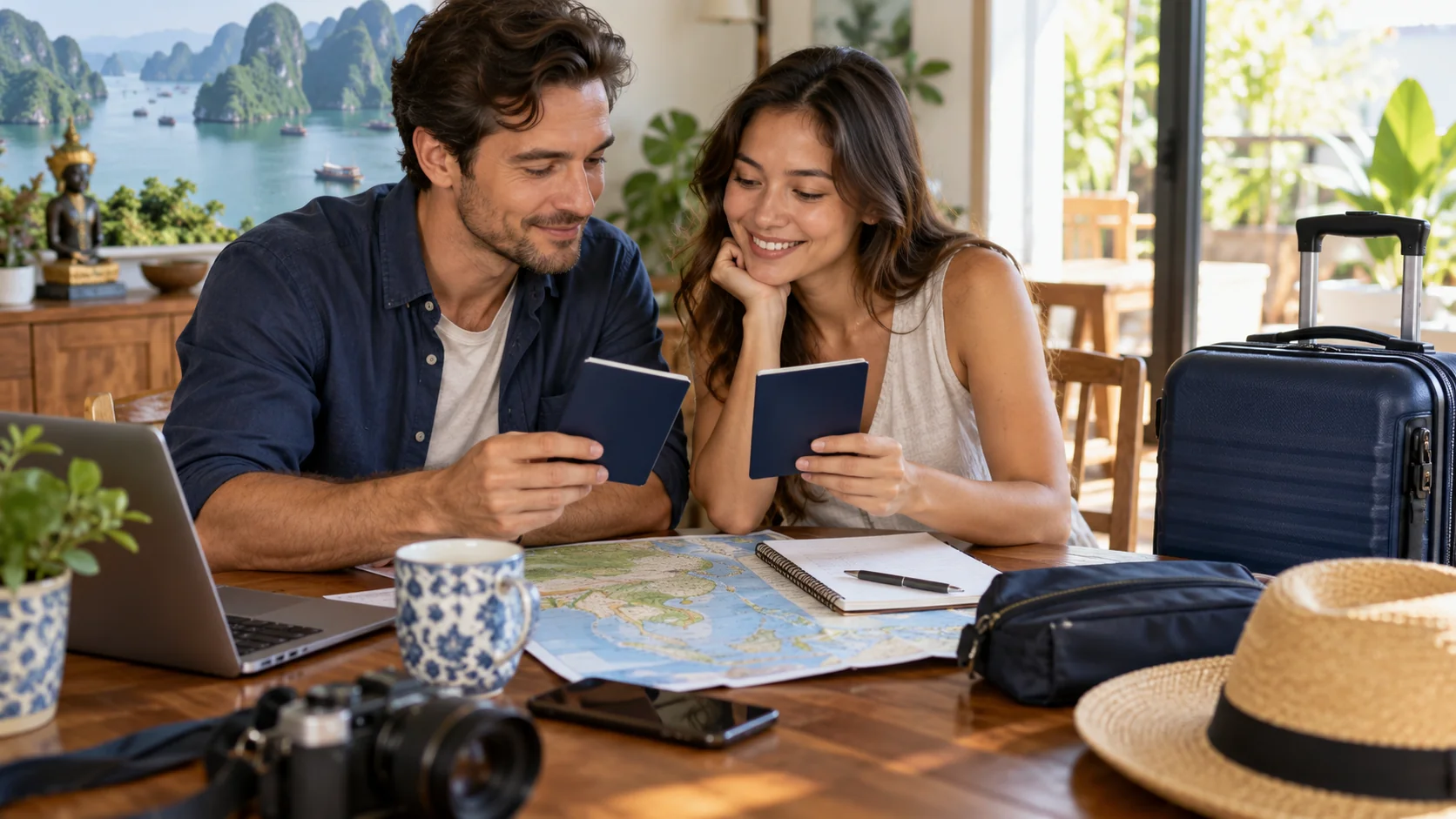 Couple reviewing travel documents and passports before a holiday