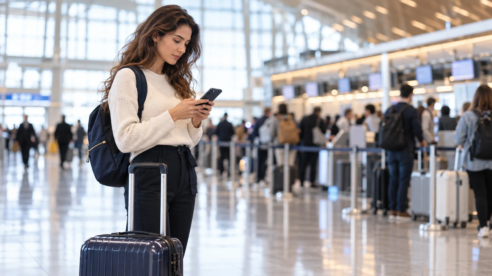 Traveller reviewing a phone beside carry-on luggage in an airport check-in hall