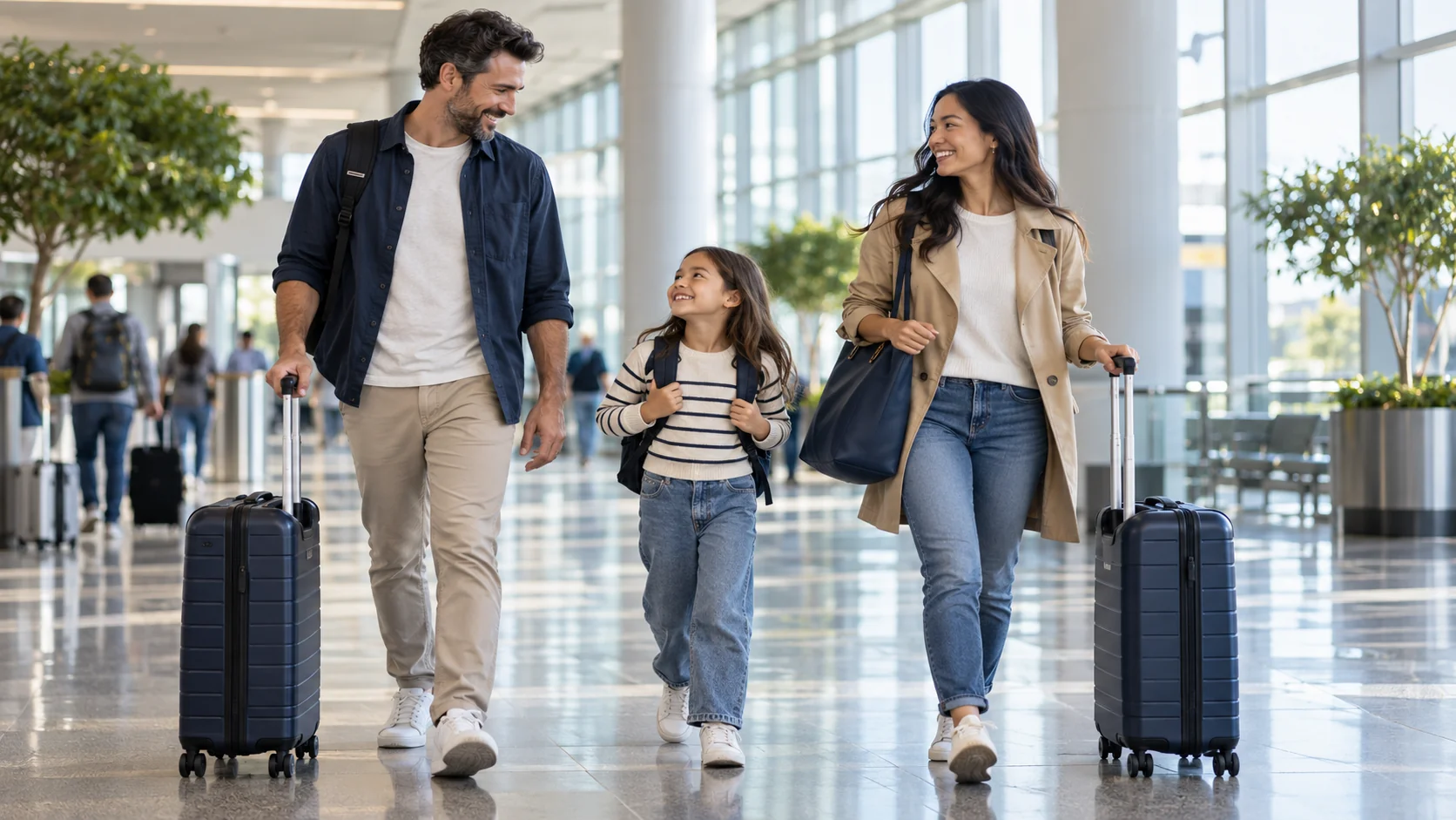 Family walking with carry-on luggage through an airport arrivals corridor