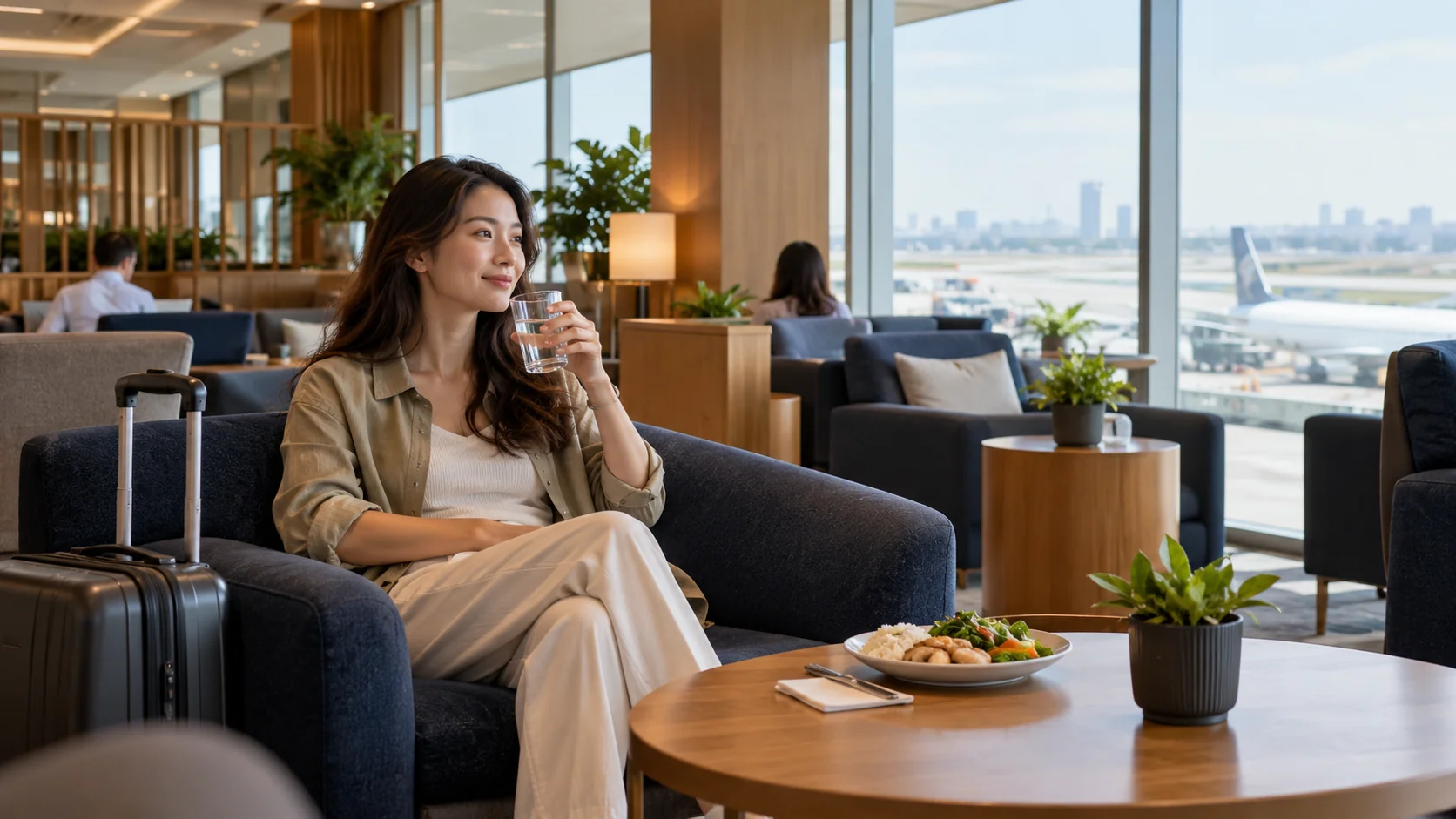 Illustration of an airport lounge waiting area with drinking water and a lunch meal